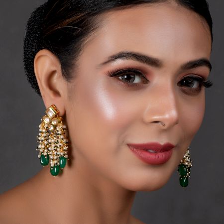 Mirror Cluster Tassel Earrings with Pearl & Green Beads Pair